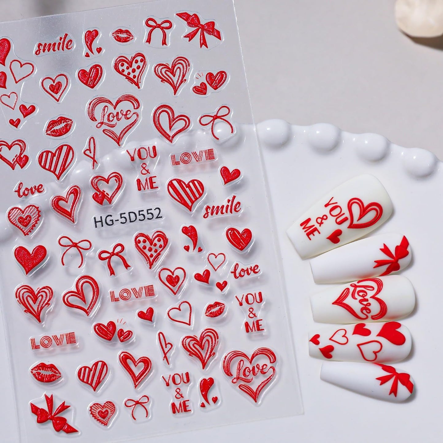 4Sheets 5D Valentine Nail Art Stickers Kit Romantic Valentines Style Red Lip Love Nail Design Decal with Adhesive Cute Hollow Heart Letter Bow Embossed Slider Decal for Wedding Perty Nail Charms Decor