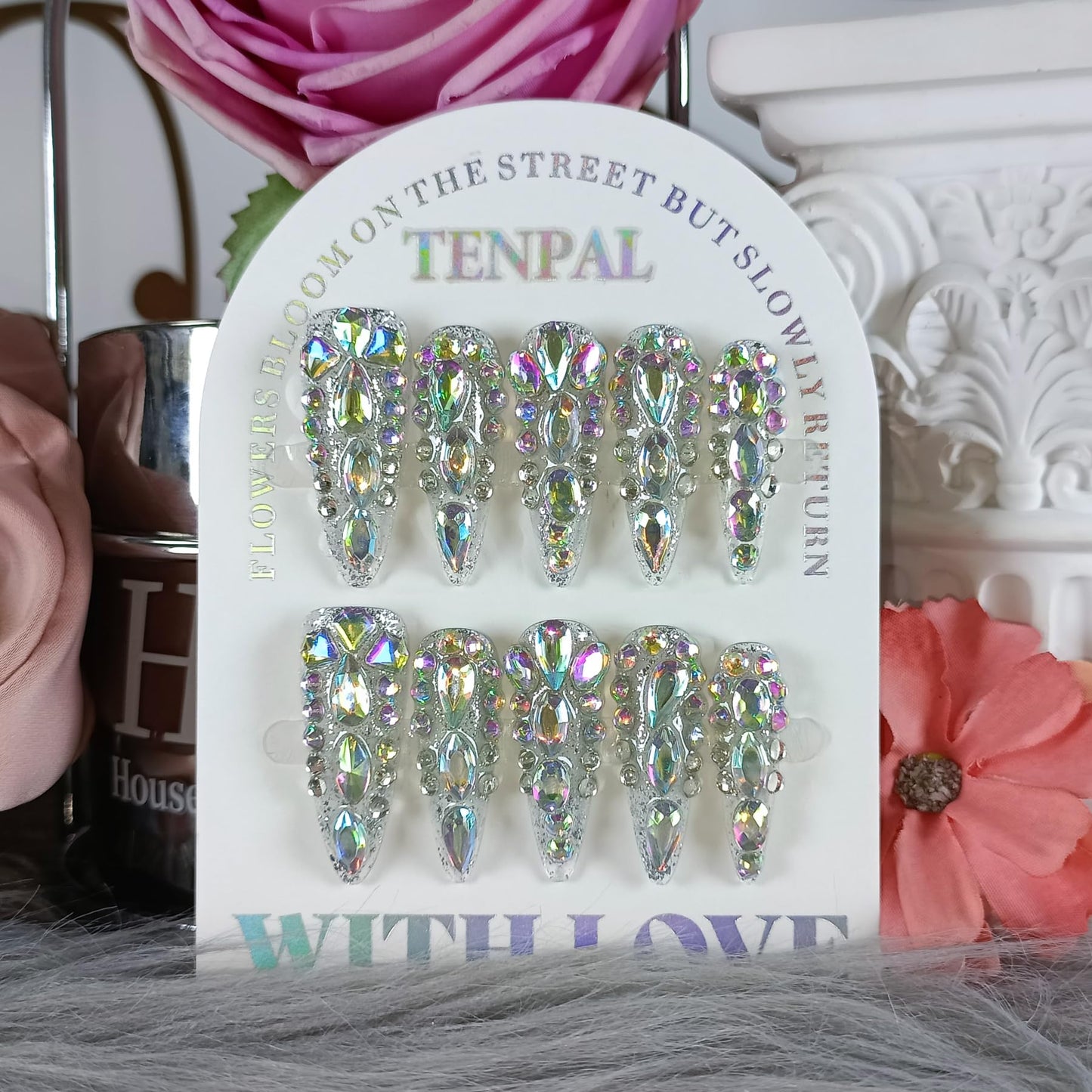 TENPAL 10Pcs Luxury Press On Nails Long Stiletto,Full Cover Crystal Glitter Fake Nail Set with Tools,Reusable Bride Wedding Nails for Bridal Party Bachelorette,Statement Making Glamorous Nail(M)