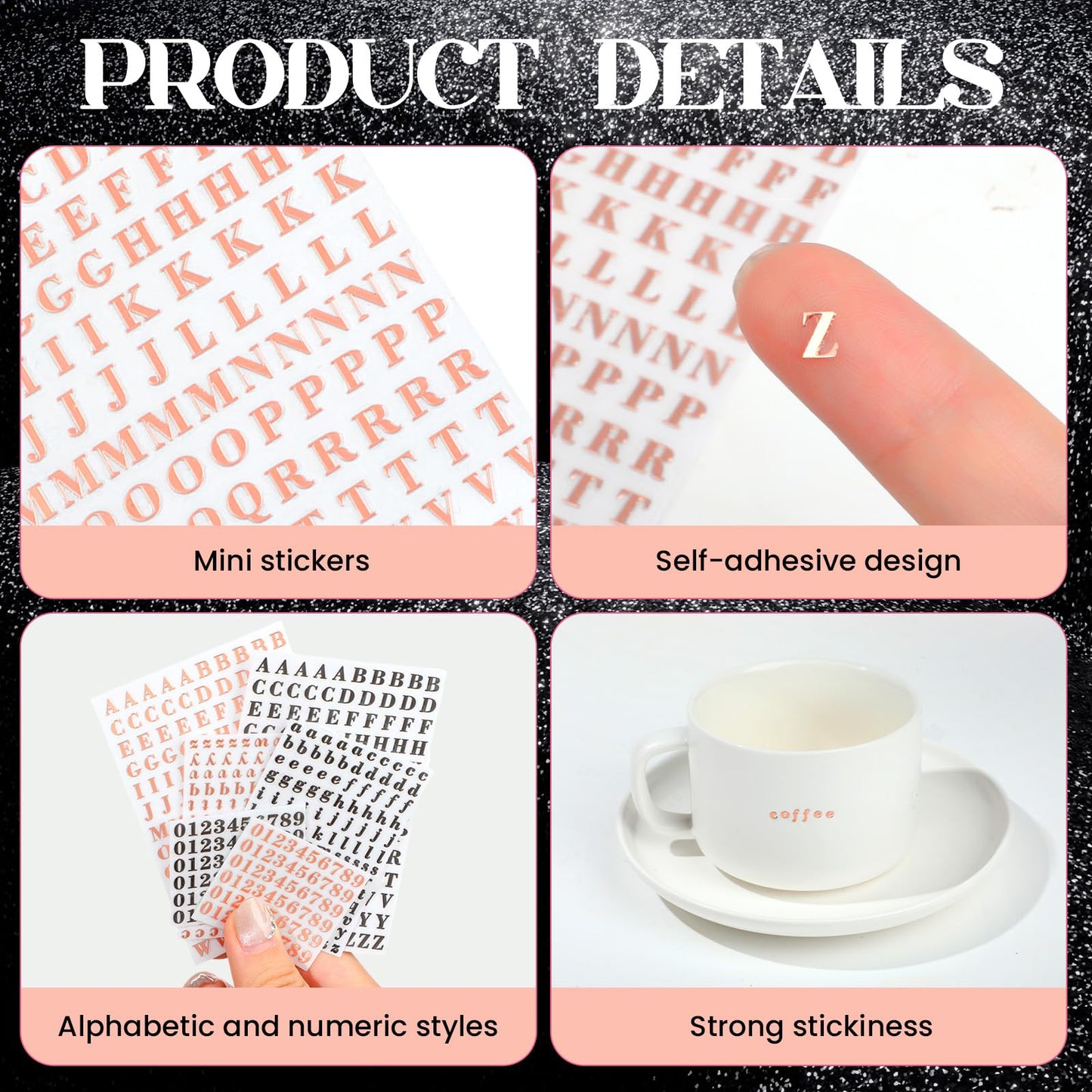 EORTA 6 Sheets Letter Stickers Small 0.18inch Alphabet Number Stickers Self-Adhesive Mini Decals for Epoxy Resin Casting Decoration, DIY Craft, Scrapbook, Nail, Keyboard, Rose Gold/Black, 4.5mm