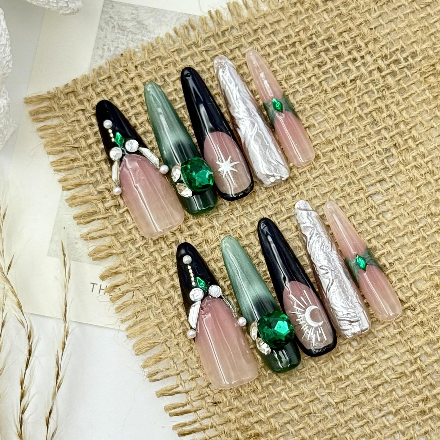 Long Coffin Style Press-on Nails Stiletto Fake Nails,design with 3D Moon, green and silver, Bling Glitter, Exaggerated decoration. 10Pcs Nail Kit for Women Girls Luxury Manicure.