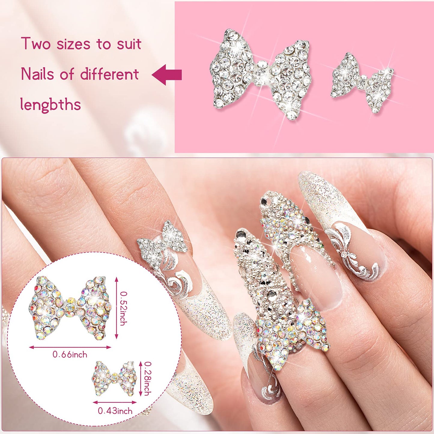Maitys 24 Pieces Nail Bows Charms Rhinestones 3D Charms Alloy Pearl Bow Knot Accessory for Valentine's Day Women DIY Xmas Salon Jewelry Craft(Silver, Laser)