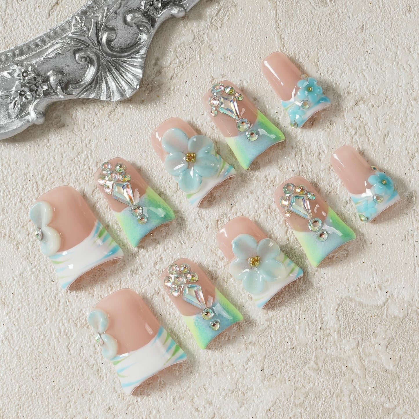 Tesytto Luxury Press On Nails Handmade Short Duck Nails, Mint Green Ombre French with 3D Floral Charms, Bling Crystal False Nails, Glossy Art Designs Reusable Acrylic (Misty Blue Floral Glitz,M)