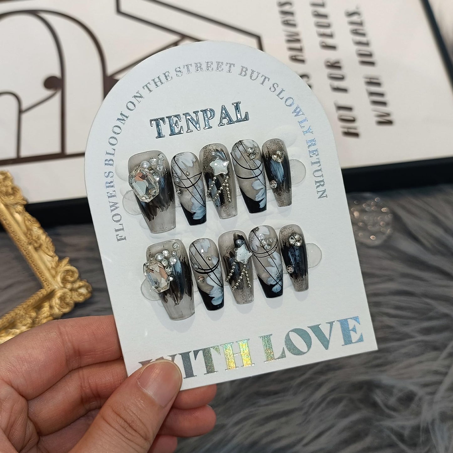 TENPAL 10PCS Gothic Black French Tips Press on Nails Coffin with Tools Kit - Oriental Chain & Crystal Dark Rebel Design- Icy Dark Elegant Chinese Style Fake Nails(M)