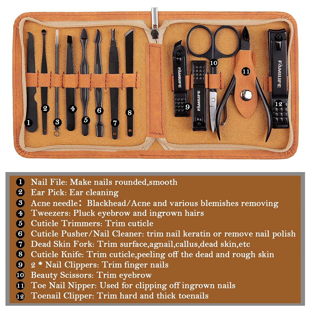 FAMILIFE Manicure Set, Professional Manicure Kit Nail Clippers Set 13pcs Stainless Steel Pedicure Tools Kit Grooming Kit Brown and Gifts for Men 16pcs Nail Clippers Pedicure Kit Manicure Kit Nail Clip