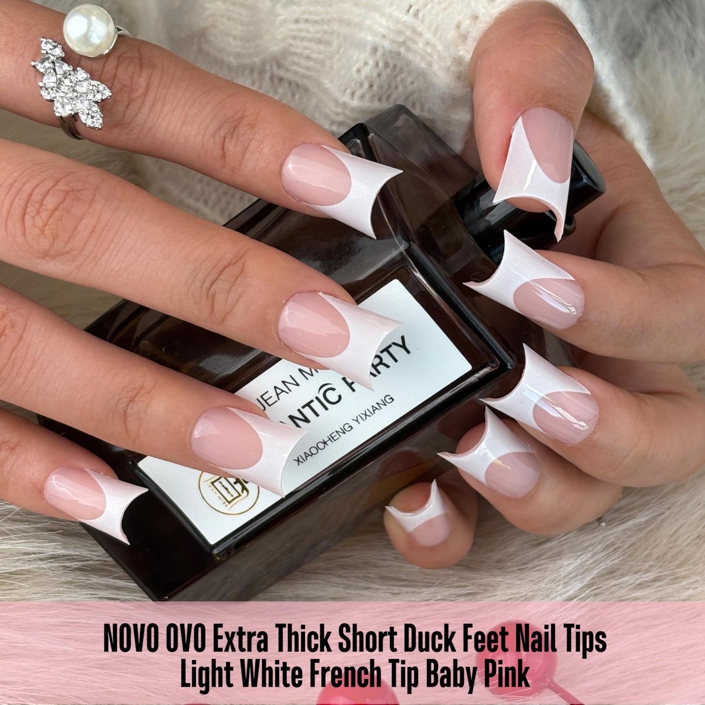 NOVO OVO Duck Nails Short with Moon Curve Light White French Tips BABY PINK Full Cover for Press on Acrylic, Thick Flare Wide French Soft Gel Fake False Nail Extension x 15 Sizes 240 pcs