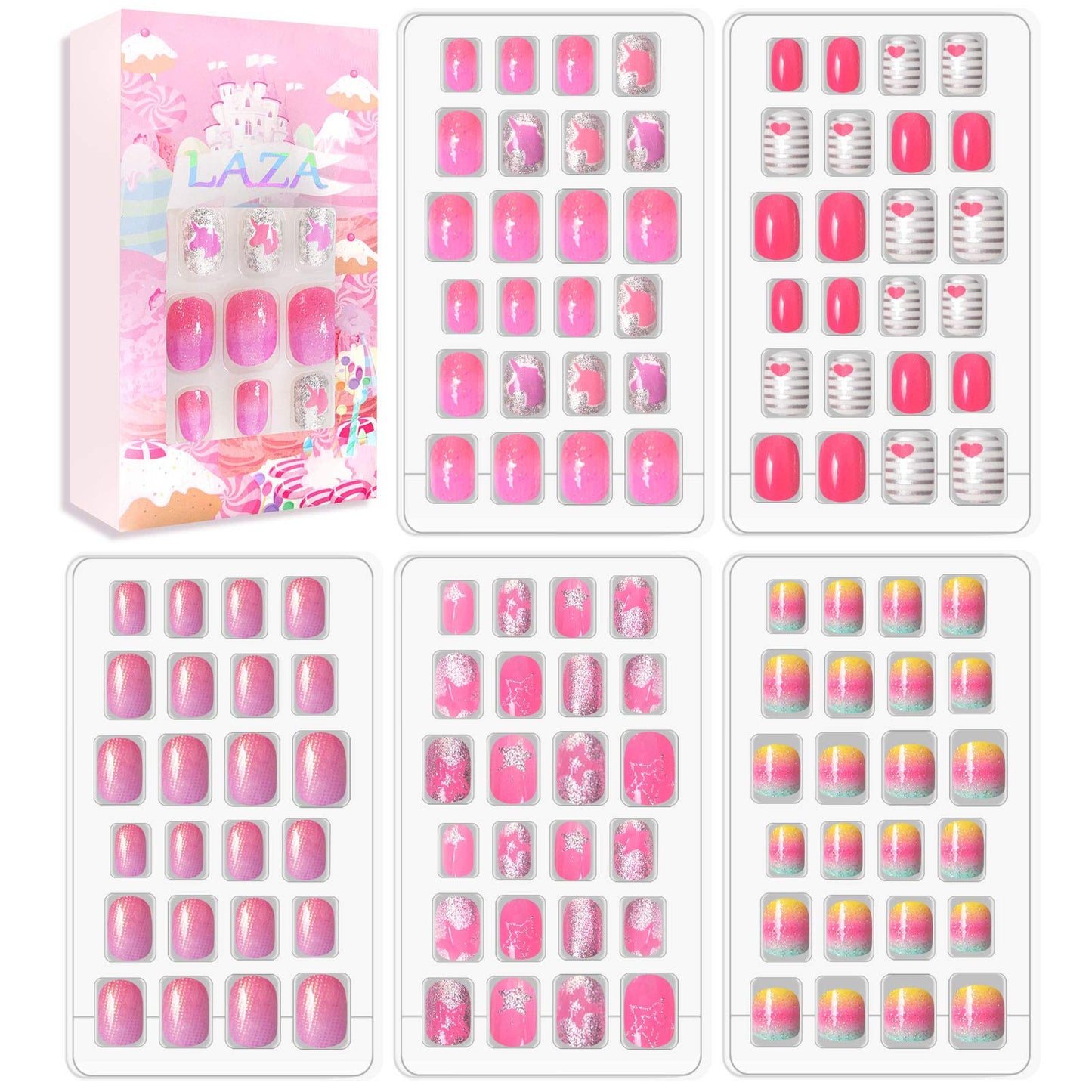 Laza 120pcs Children Nails Girls Press On Artificial Nail Tips Pre-glue Full Cover Short Cute False Nail Kits Lovely Christmas Gift for Children Kids Little Girl Nail Art Decoration - Pinky Lady
