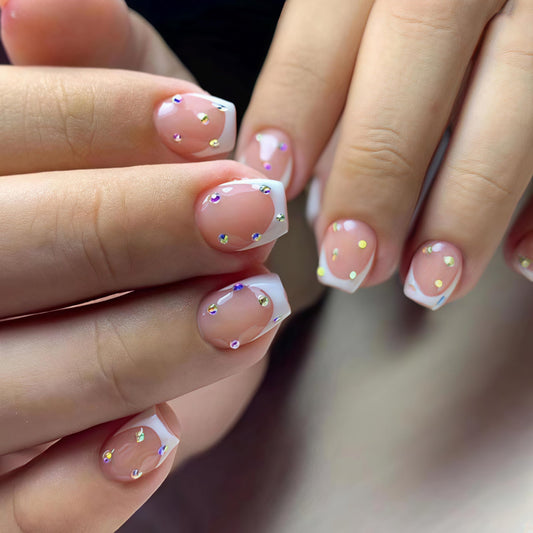 White French Tip Press on Nails Square Short Fake Nails with Colorful Rhinestone Design False Nails Reusable Full Cover Acrylic Artificial Glue on Nails for Women Girls 24Pcs