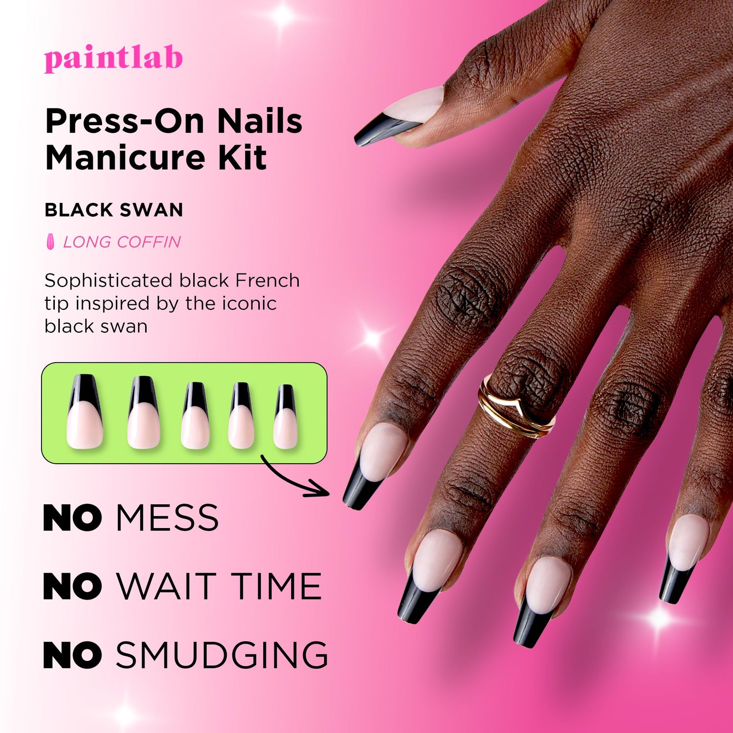 PaintLab Press On Nails - Black Swan French Coffin Fake Nails, 30 Nails in 15 Sizes with Glue, Reusable Salon Quality Press On Nails