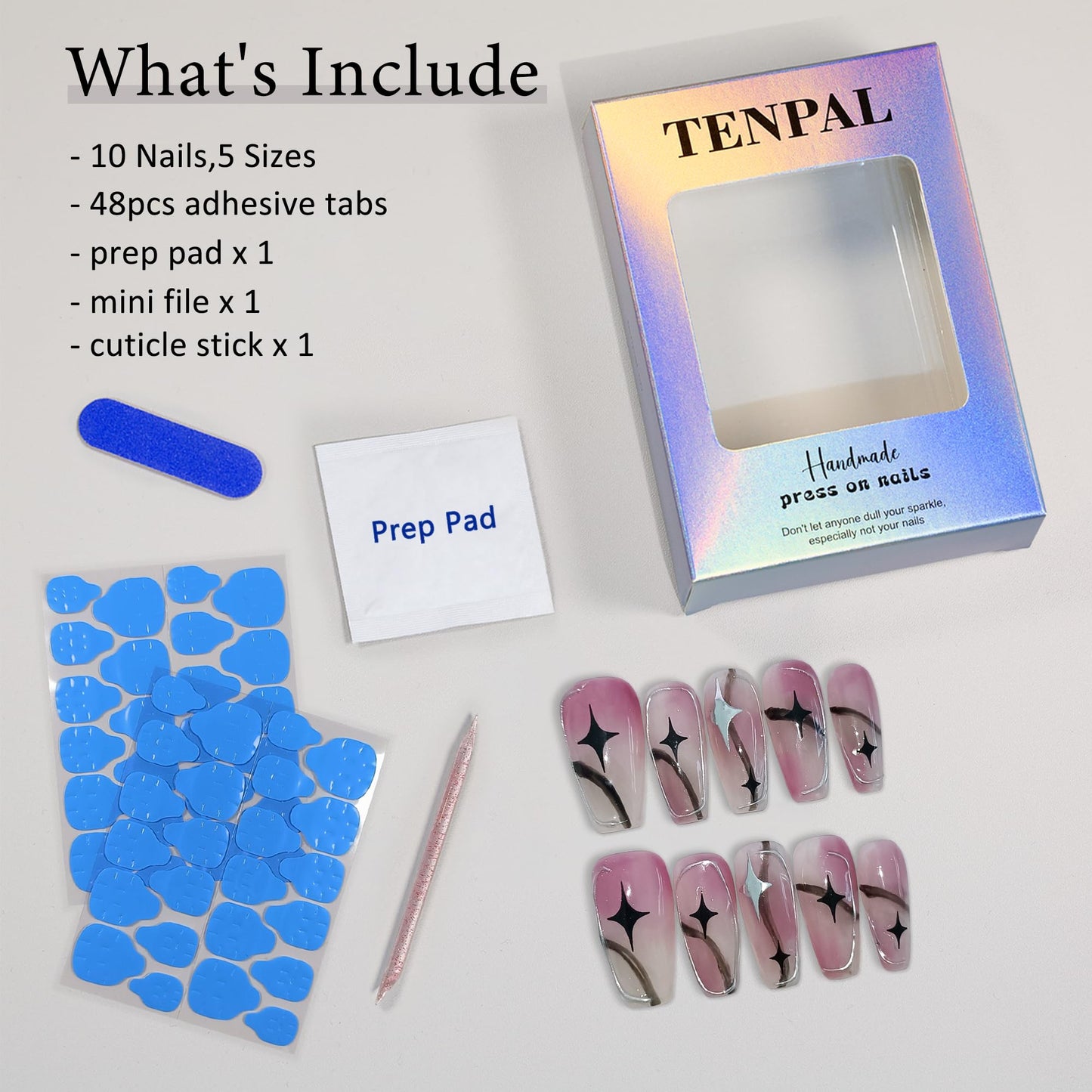 TENPAL Pink Ombre Silver Coffin Acrylic Nails,Handmade Press On Nails With Tools,Glossy Y2K Star Glitter Designs Glue on Nails,Cute Cool Retro Kawaii Kpop False Fake Nails for Women 10Pcs(S)