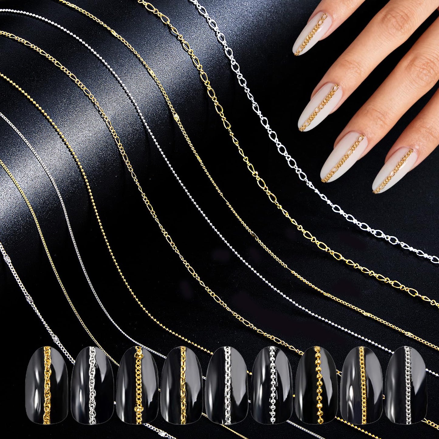 JERCLITY 9 Strips 19.7in Gold Silver Nail Chains for Nail Art 3D Gold Silver Nail Charms Metal Nail Art Chains Punk Nail Charms Accessories for Women Nail Art