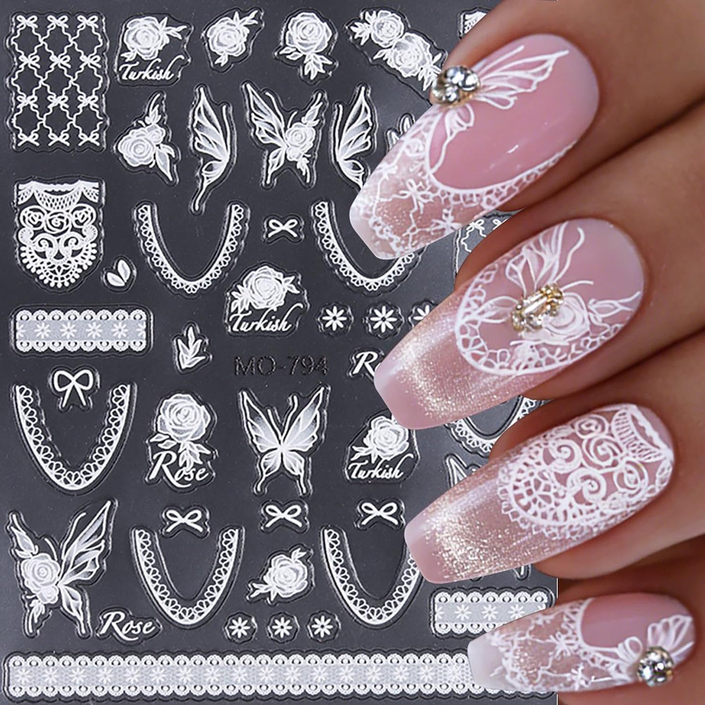 CJDLTS 3 Sheets White Lace Flower Nail Art Stickers 3D Self -Adhesive Lace Love Heart Bow Nail Decals Holographic Laces Rose Flower Nails Stickers for Women Acrylic Nails Decoration Supplies
