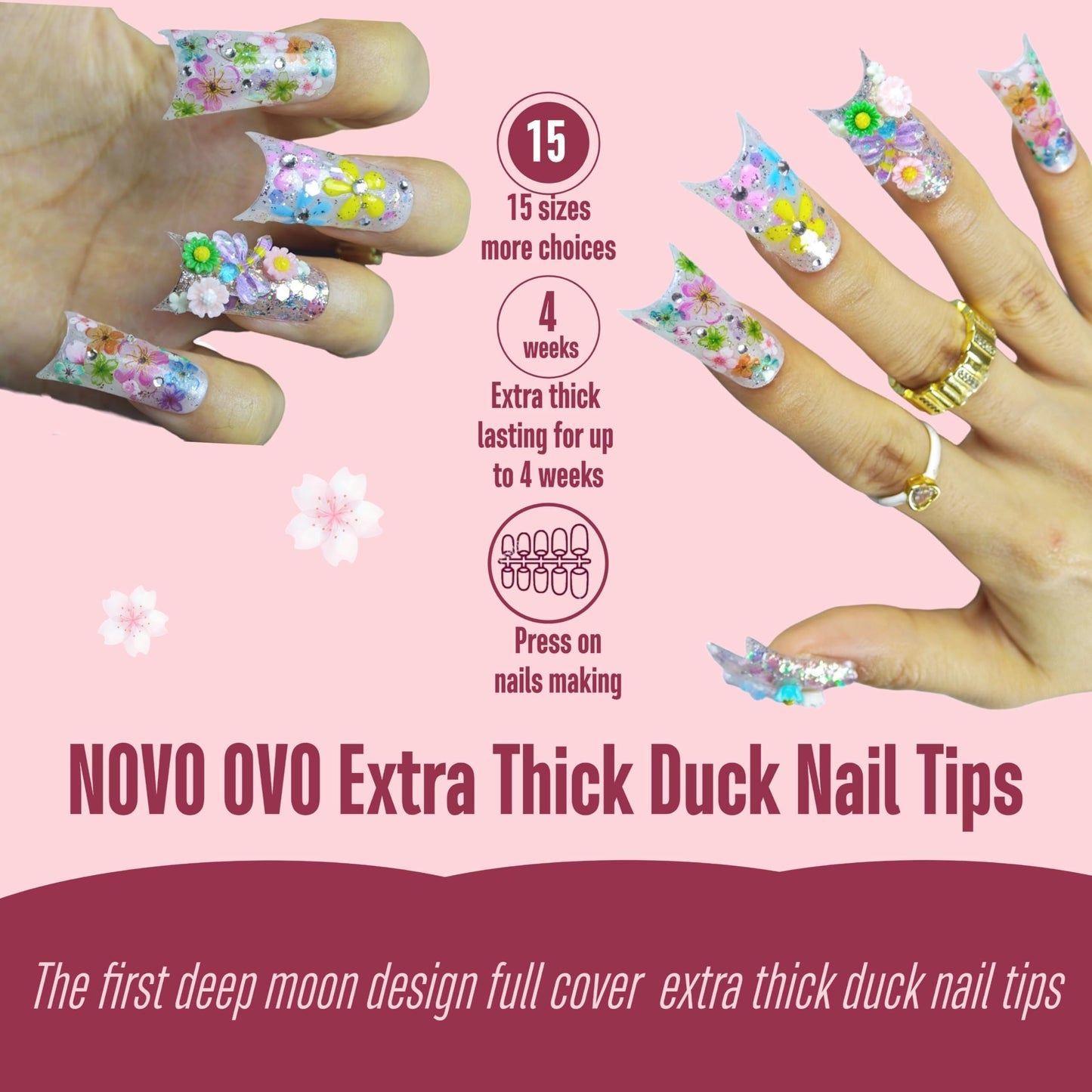 NOVO OVO Halloween Extra Thick Duck Feet Nail Tips Full Cover for Press on Acrylic with Moon Curve, Medim Long Clear Pre-Etched Matte Flare Wide French Soft Gel False Nail Extension x 15 Sizes 150 pcs