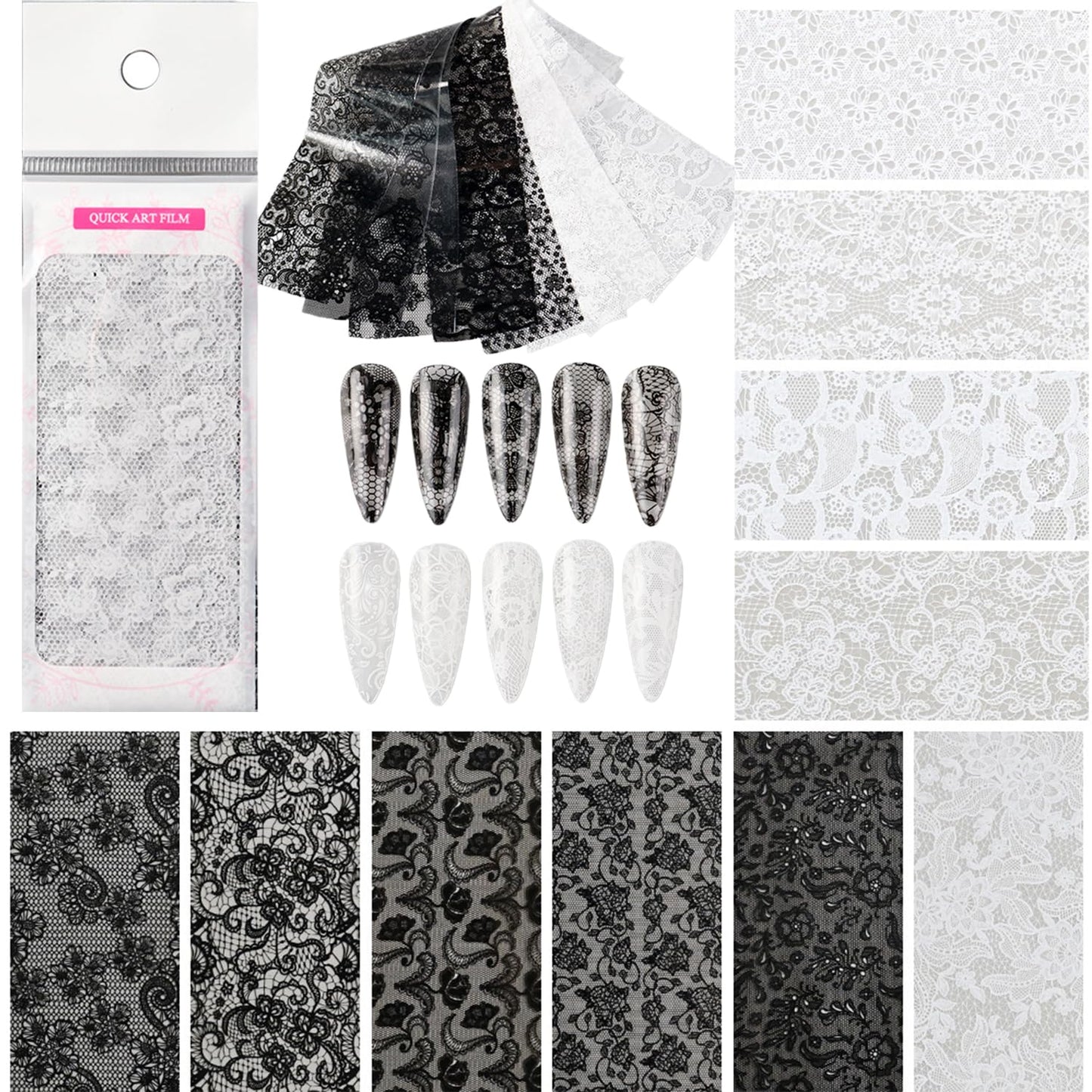 60 Pieces Nail Art Transfer Foils,Mixed Designs - White Black Lace, Flowers, Leopard Print, Marble, Snake Print Patterns, 1 Pcs Nail Art Engraving Pen Silicone Pen, 4 * 20cm