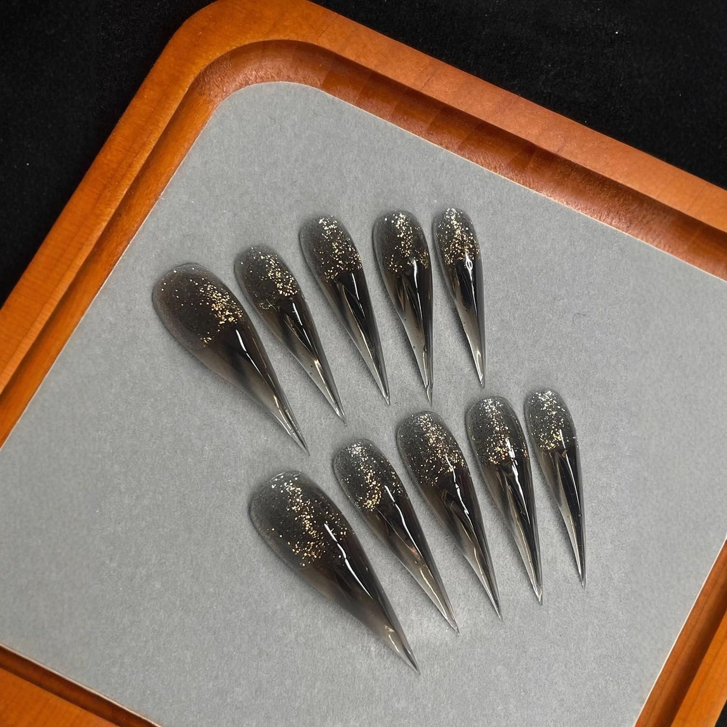 10 Pcs Glitter Handmade Press on Nails Transparent Black Long Dragon Claw Handmade Fake Nails Muti-Layer Gel Luxury False Nails Reusable Acrylic Nail for Women Girs (Size S)