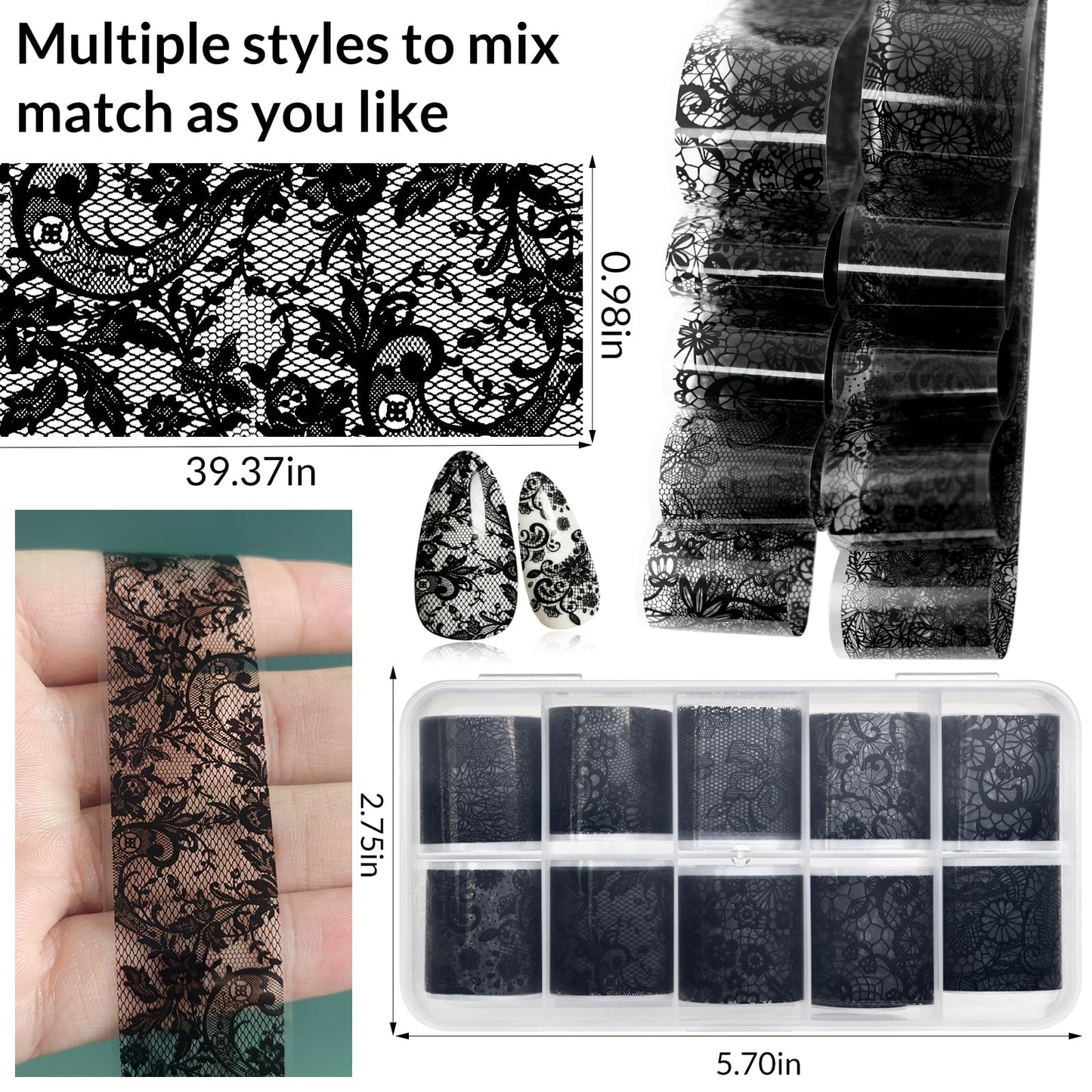 AddFavor Lace Transfer Nail Foil White and Black Nail Transfer Foil Sticker, Flower Nail Art Foils Decals for Nails Manicure DIY Acrylic Nails Decoration