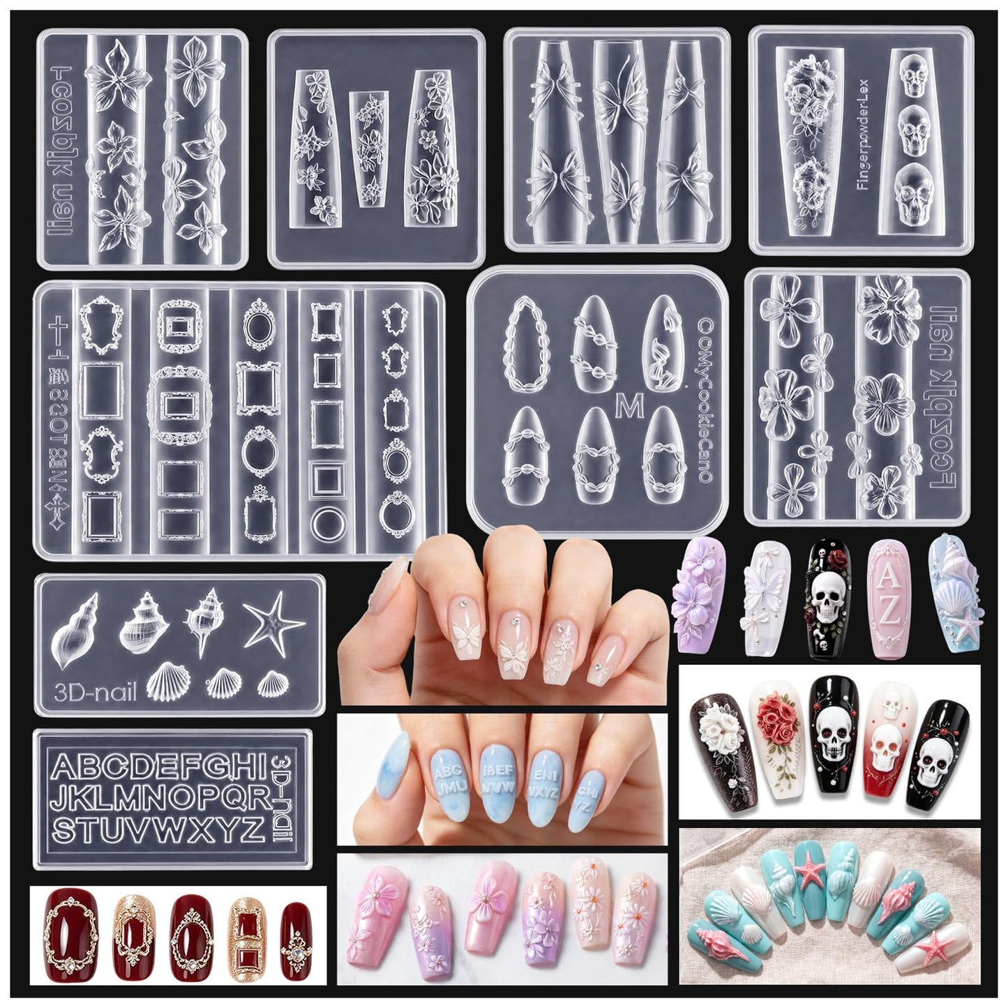 9 Pcs 3D Nail Art Silicone Resin Molds, 3D Art Flowers Nail Charm Molds Letter Resin Mold, Multiple Shapes Butterfly Shell Photo Frame Skull Nail Design Mold for DIY Manicure Accessories Supplies