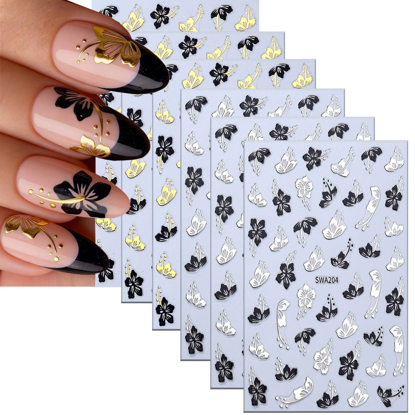 6 Sheets Flower Nail Art Stickers 3D Self -Adhesive Hibiscus Nail Decals Holographic Gold Silver Black Hibiscus Floral Nails Stickers for Women Spring Summer Acrylic Nails Decoration Supplies