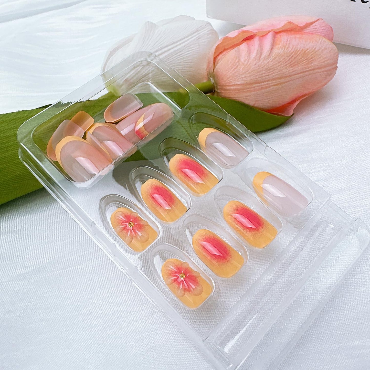 24Pcs Yellow French Tip Press on Nails Short Almond Fake Nails with 3D Flower Glue on Nails Gradient False Nails Summer Acrylic Nail Full Cover Floral Stick on Nail for Women Nail Art Designs