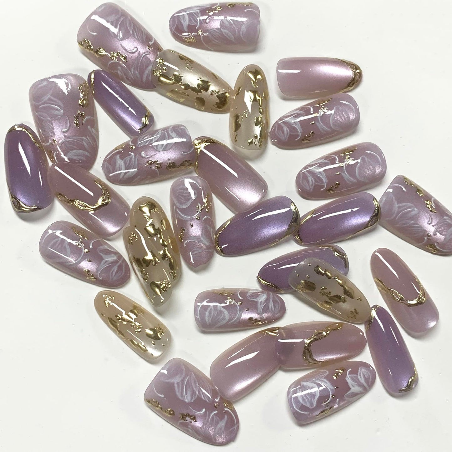 BABALAL Press On Nails, Short Almond Fake Nails, Purple Lavender, Cat Eye With Gold Foil Floral Design, Glossy Full Cover Glue On Nails For Women And Girls 24Pcs