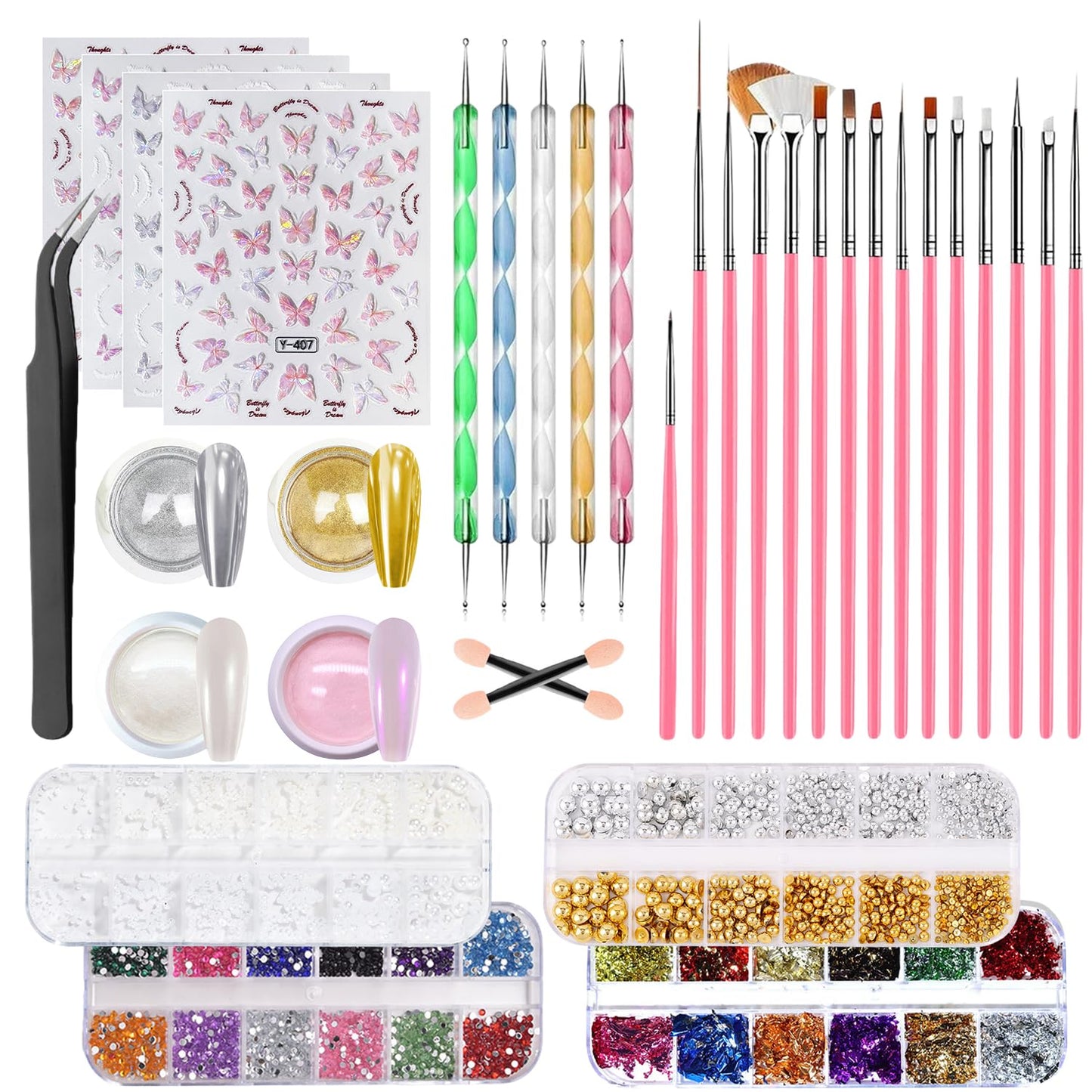GZMAYUEN Nail Chrome Powder Nail Art Kit, 4 Color Chrome Powder for Nails, 15Pcs Nail Brushes for Nail Art, 4 Sheets Butterfly Nail Stickers, 4 Boxes Nail Charms Accessories