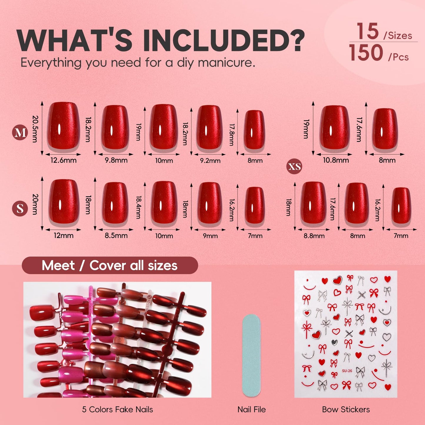 CUZIAM Red Cat Eye Press on Nails Short Square, 5 Color Light to Dark Cherry Red Magnetic Gel Nails with Heart Nail Stickers set for Women Valentine's Day, 150pcs Pre-Builded Fake Nails Manicure Kit