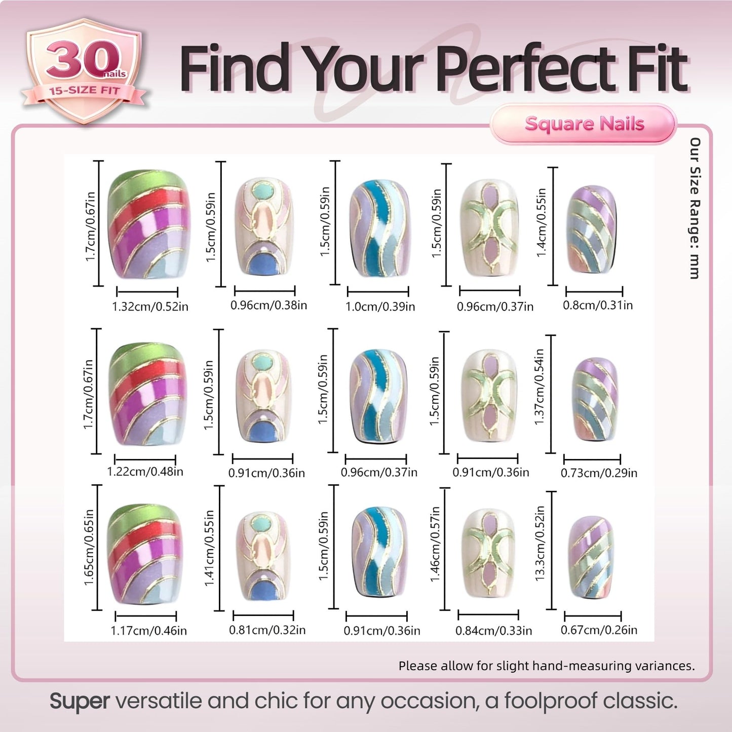 Taoyisent Colorful Abstract Press On Nails Short Square Glossy, Gold Line Art Fake Nails, Reusable Full Cover Stick On Nails for Women Party Vacation Festival Daily Wear, 30PCS