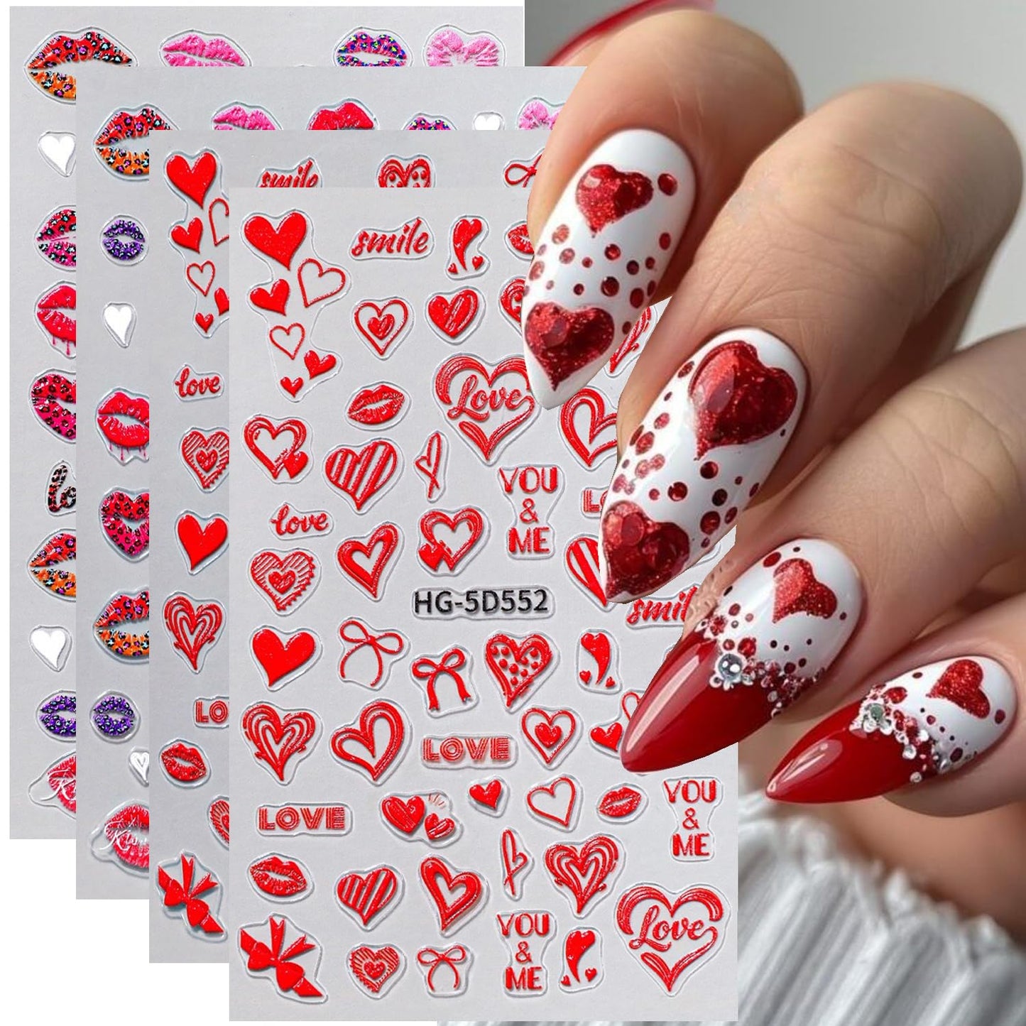 4Sheets 5D Valentine Nail Art Stickers Kit Romantic Valentines Style Red Lip Love Nail Design Decal with Adhesive Cute Hollow Heart Letter Bow Embossed Slider Decal for Wedding Perty Nail Charms Decor