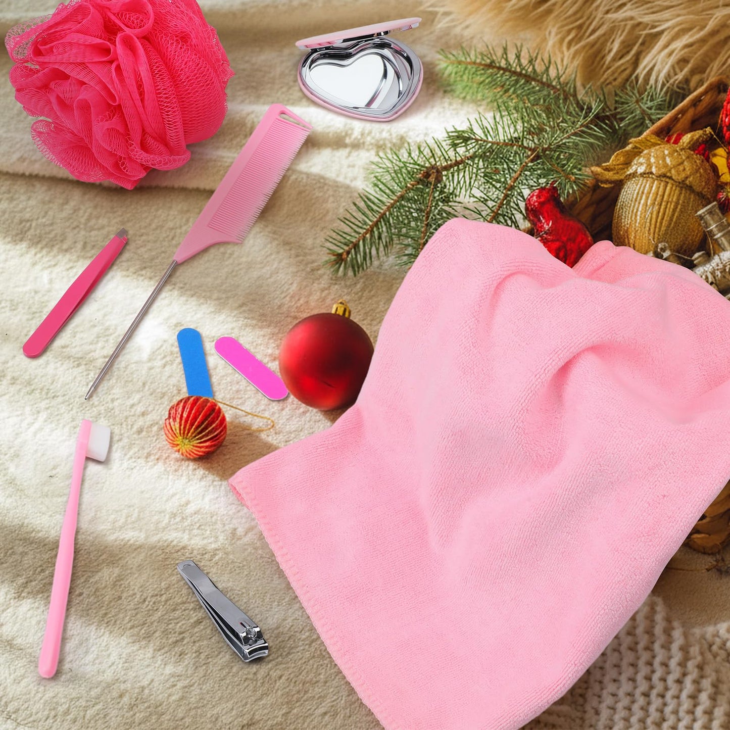 Funnymoom 14 Pcs Pink Galentines Day Gifts for Her Pink Theme Gifts Set Love Mirror Bath Sponge Toothbrush Nail File Nail Clipper Tweezer Towel Comb for Valentines Women Friends Friendship