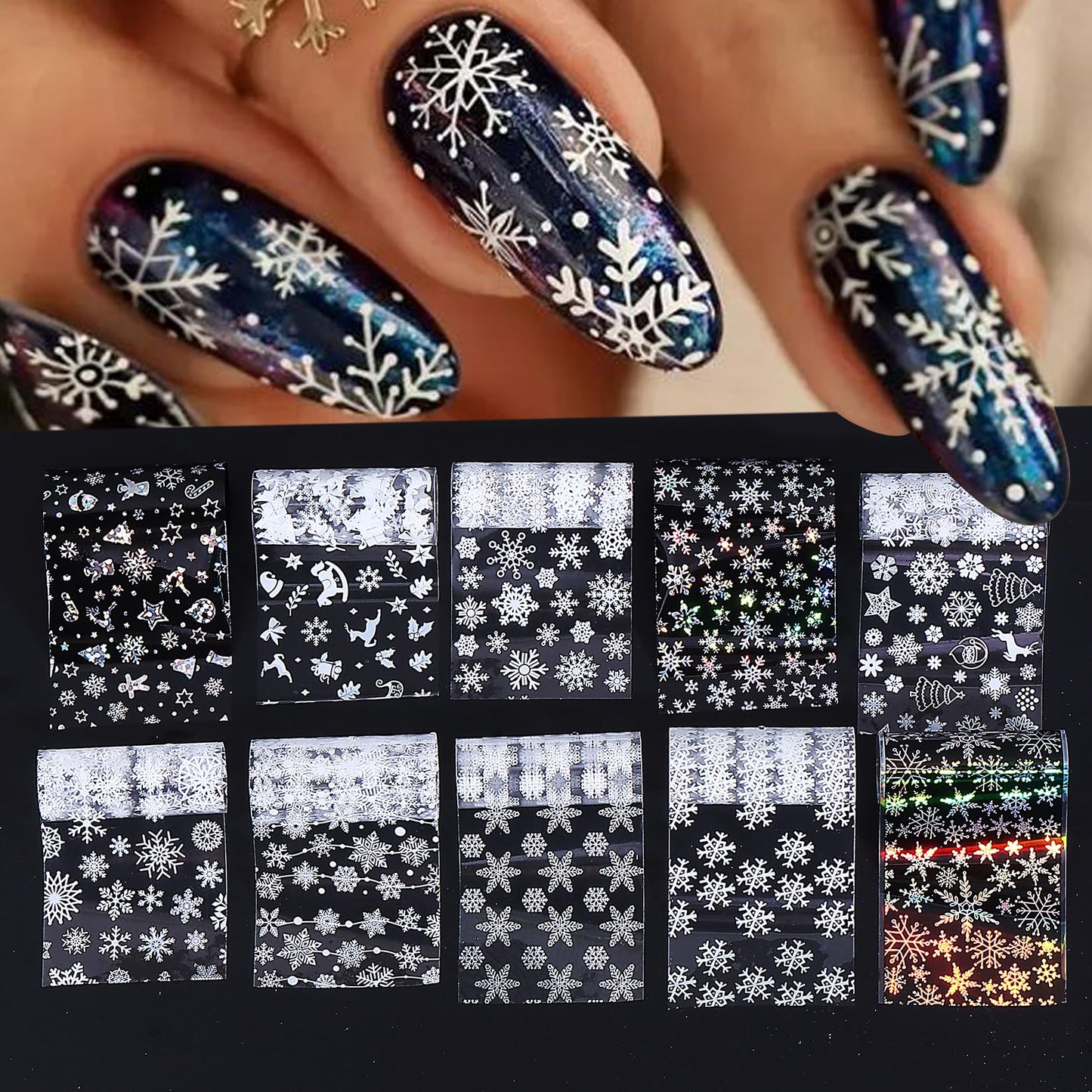 Christmas Nail Foil Transfer Nail Art 50 Sheets Winter Snowflake Stickers Xmas Tree Snowman Elk Star Nail Art Foil for Holiday Nails Art Design for Women Manicure Decoration DIY Supplies