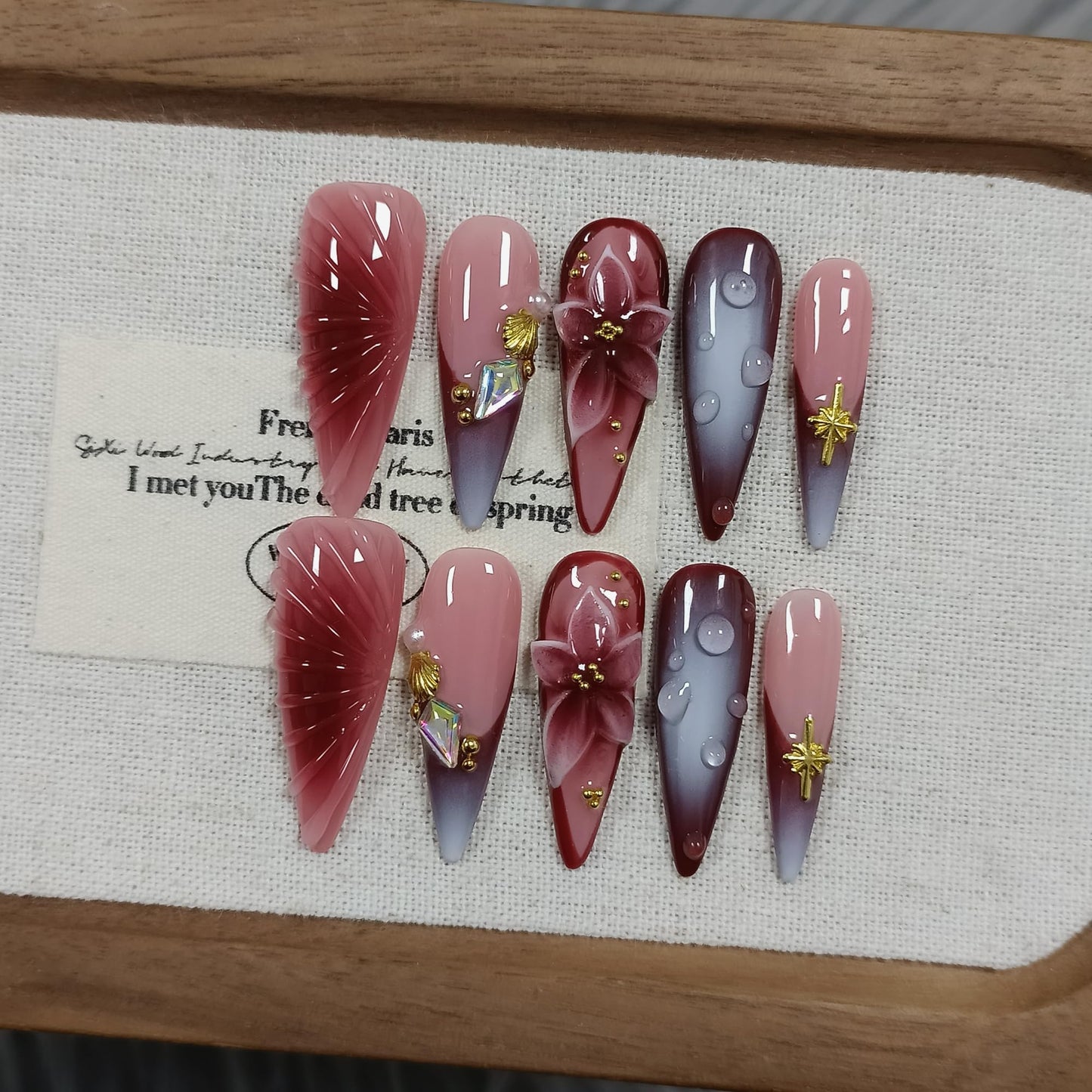 TENPAL Stiletto Press on Nails - Wine Brown Blushing French Fake Nails with 3D Floral Teardrop Design,Glossy False Nails with Tools,Handmade Glamorous Winter Style Glue on Nails for Women Girls(M)