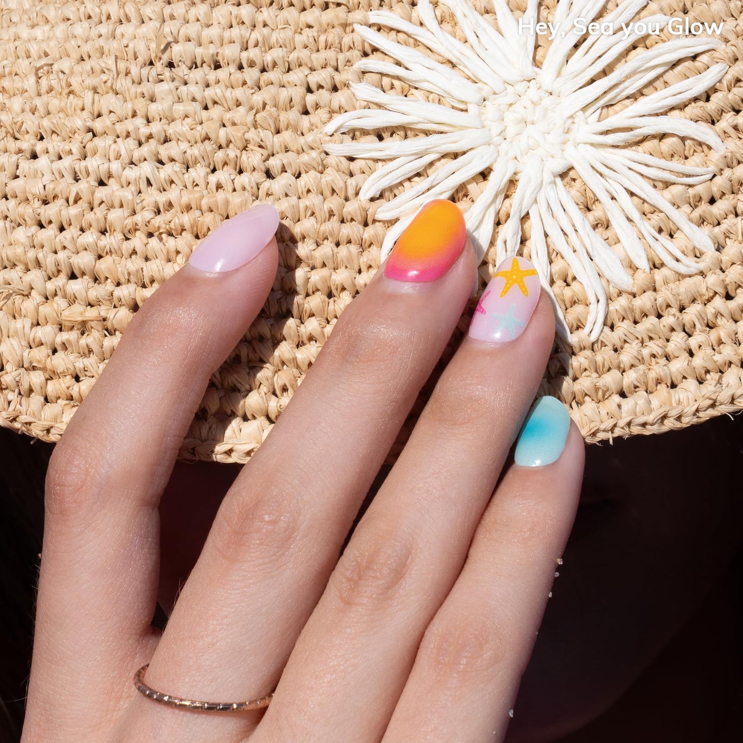 Heyhae Semi Cured Gel Nail Strips | No LED Lamp Needed |Neon, Ombre | Easy Apply & Remove, Salon Quality | Includes 28 Strips, 2 Prep Pads, Nail File & Wooden Stick - Hey, Sea You Glow