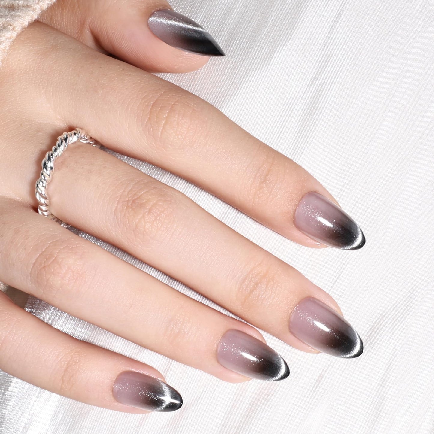 SEEWEE Ombre Black Cat Eye Press On Nails Almond - Short Almond Fake Nails with Nail Glue, Ombre Black Cateye Press On Nails Reusable Stick On Nails in 16 Sizes 32 Nail Kit for Women | Salon Quality