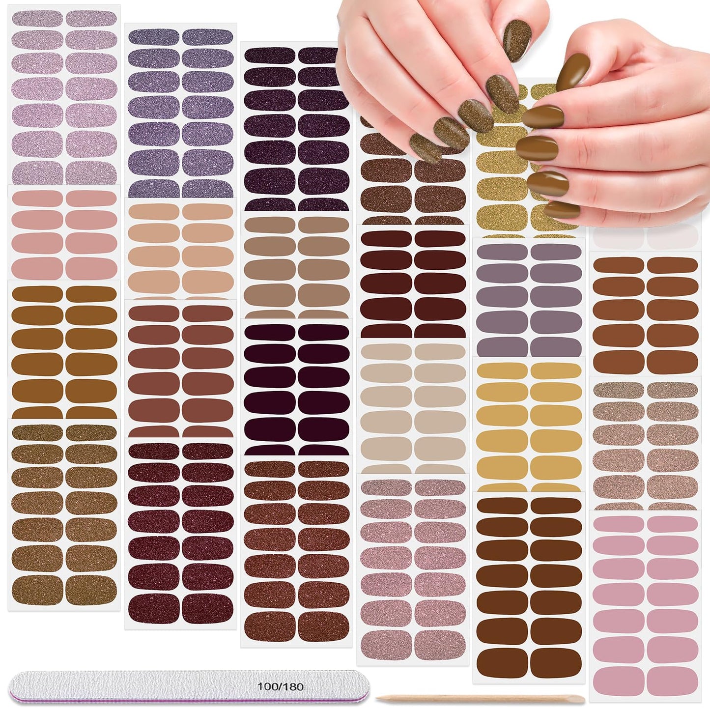 DANNEASY 24 Sheets Nail Polish Stickers Full Nail WrapsSolid Color Nail Polish Strips for Women Gel Nail Strips Self Adhesive Fingernail Stickers Manicure Kit with File, Cuticle Stick
