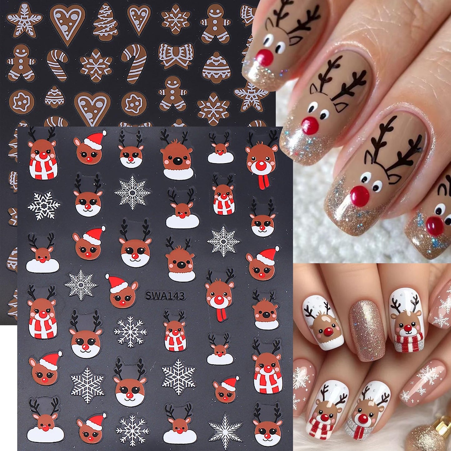 Christmas Holiday Nail Art Stickers 16PCS 3D Santa Claus Deer Decals for Nail Art Seasonal Fingernail Designs White Snowflake Gingerbread Man Self-Adhesive Manicure Decorations Accessories for Women