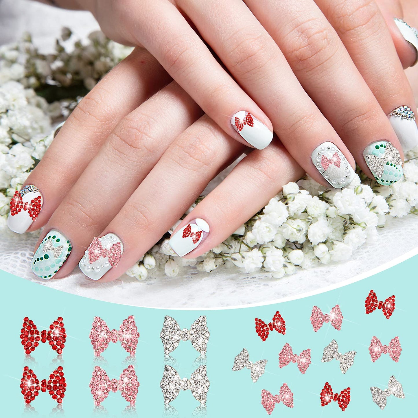 Maitys 24 Pieces Nail Bows Charms Rhinestones 3D Charms Alloy Pearl Bow Knot Accessory for Valentine's Day Women DIY Xmas Salon Jewelry Craft(Red, Gold, Rose Red)