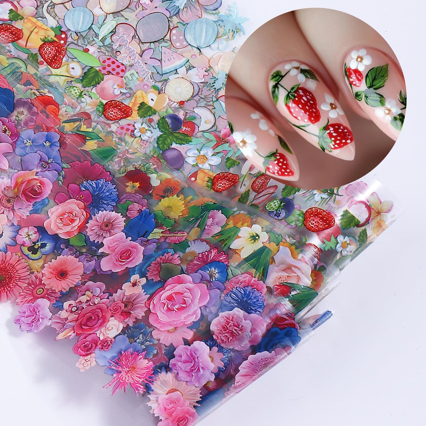 Flower Fruit Nail Transfer Foils 20 Rolls Summer Tropical Fruits Floral Theme Nail Art Foils Blueberry Strawberry Daisy Starry Sky Paper Full Cover Wraps Manicure Decoration Supplies for Women