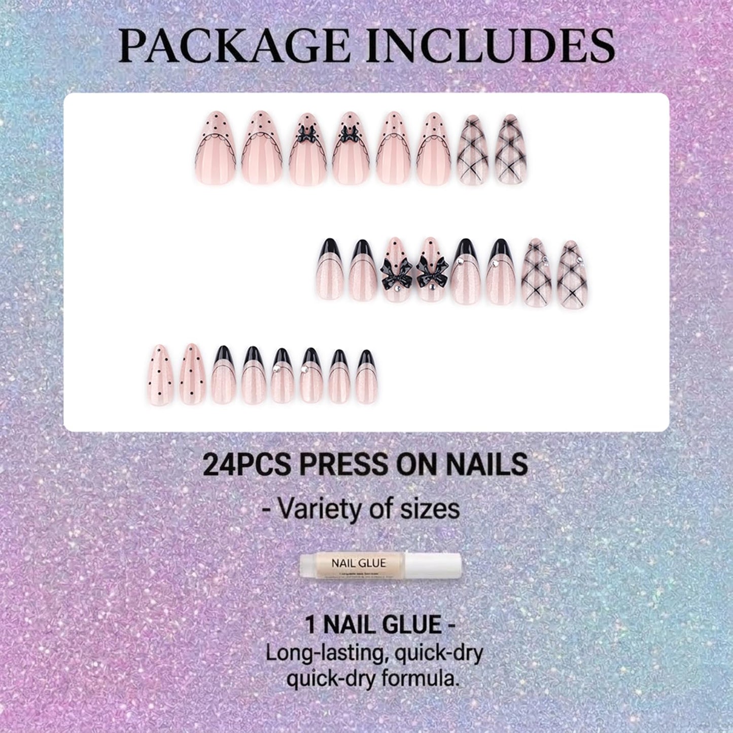 IMSOHOT Medium Almond Press on Nails, Goth Black Bow Design, 24 Pcs Glossy Fake Nails with 3D Ribbon & French Tip Pattern for Women Girls