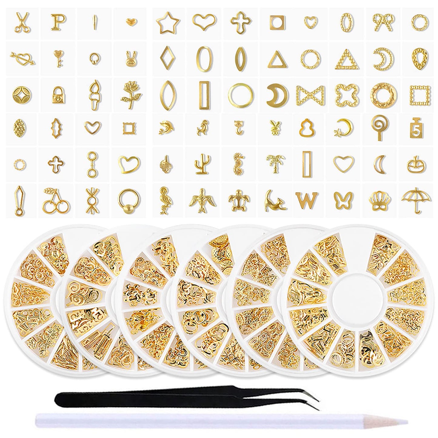 SILPECWEE 6 Boxes 3D Gold Nail Charms Hollow Metal Nail Studs Star Moon Heart Beach Nail Art Charms Nail Jewels Charms for Nails Design Nail Decoration for Acrylic Nails Accessories