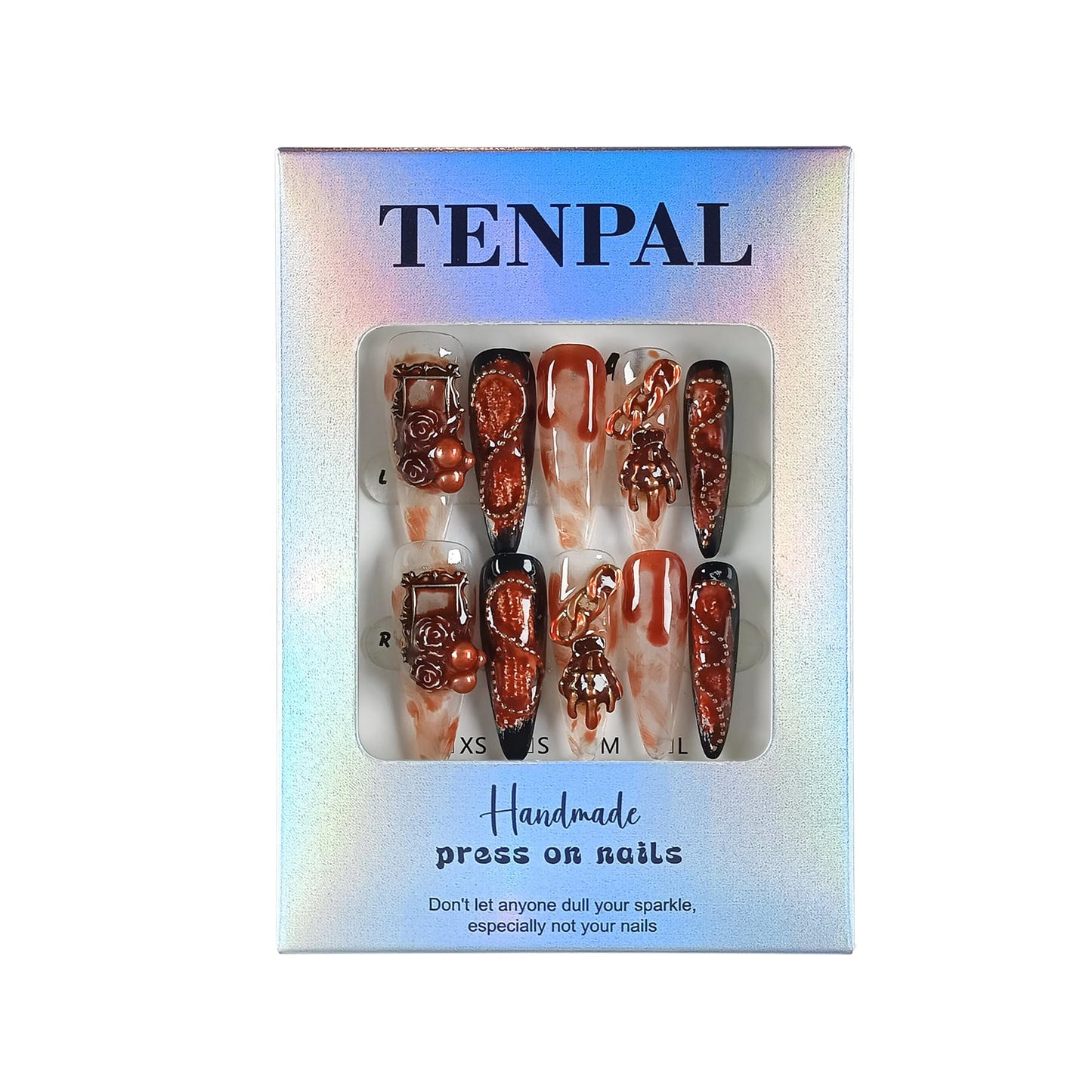 TENPAL 10Pcs Gothic Press On Nails With Tools,Blood Stain Black Red Long Stiletto Fake Nails, Distressed Roses Skull Hands 3D Art Designs Glue on Nails for Halloween Parties, Glossy Vampire Nails(M)