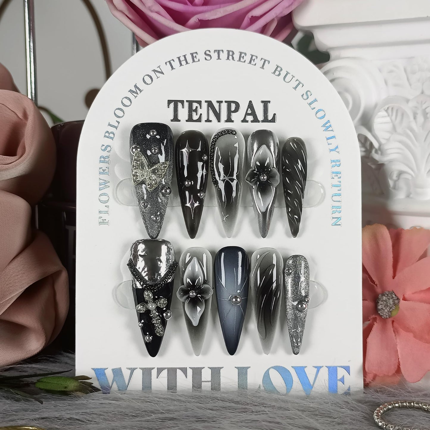 TENPAL 10Pcs Luxury Press On Nails Long Stiletto,Full Cover Crystal Glitter Fake Nail Set with Tools,Reusable Bride Wedding Nails for Bridal Party Bachelorette,Statement Making Glamorous Nail(XS)