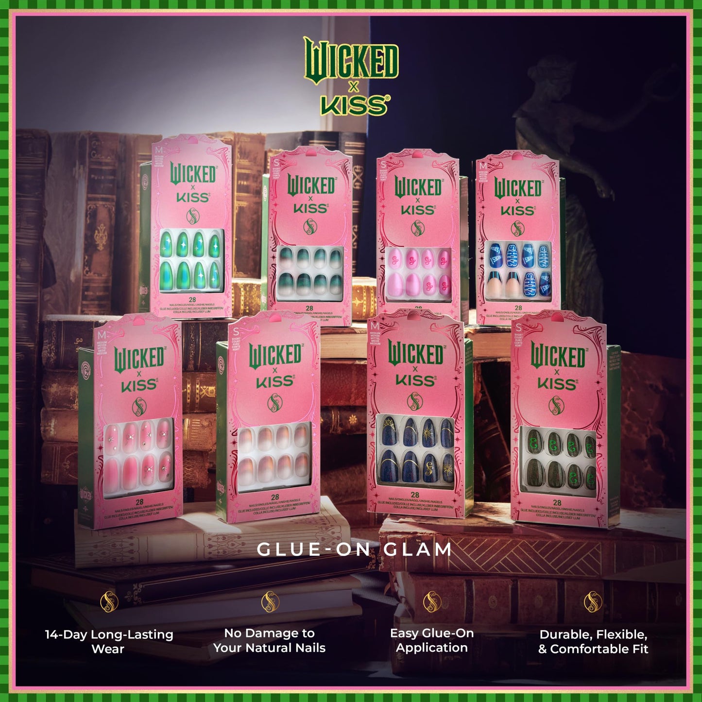WICKED X KISS Press On Nails Almond, ‘I Look Good in Green’, Green, Short, Waterproof, Chip Proof, Smudge Proof, 28 Fake Nails, Pink Gel Nail Glue (2g), Mini Nail File, & Manicure Stick