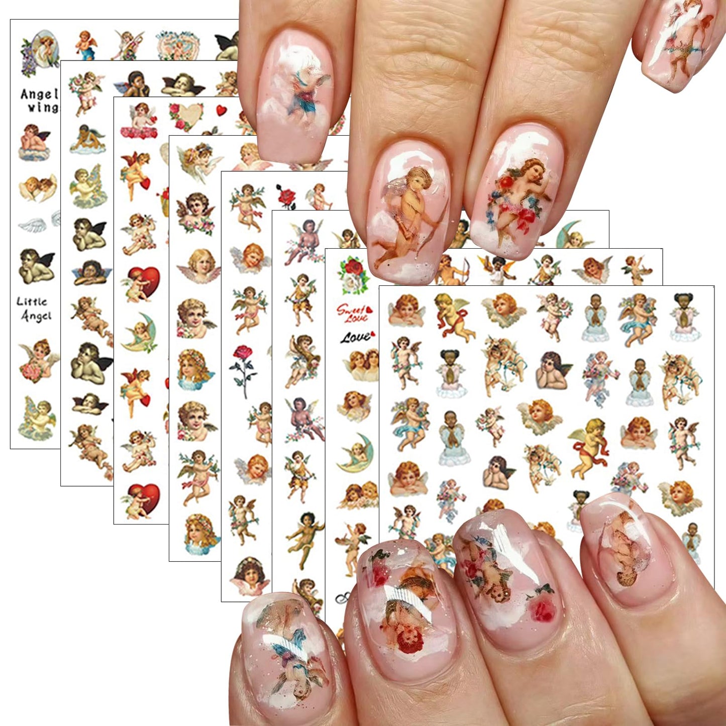 8 Sheets Angel Nail Stickers 3D Self-Adhesive Cupid Nail Art Stickers Decals Rose Flowers Love Heart Wings Nail Art Design Stickers Valentine's Day Nail Decorations for Women Acrylic DIY Manicure