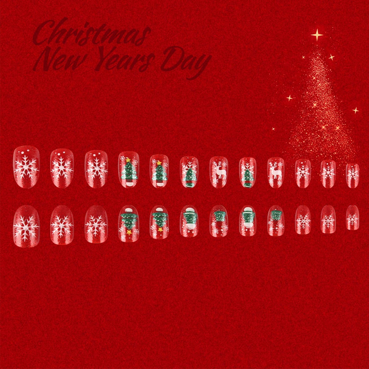 Christmas Press on Nails Xmas Stocking Gel Glue on Nail 24Pcs Snowflake Medium Almond False Nails Glossy Green Christmas Tree Acrylic Fake Nail Elk Stick on Fingernails for Women Xmas Gift