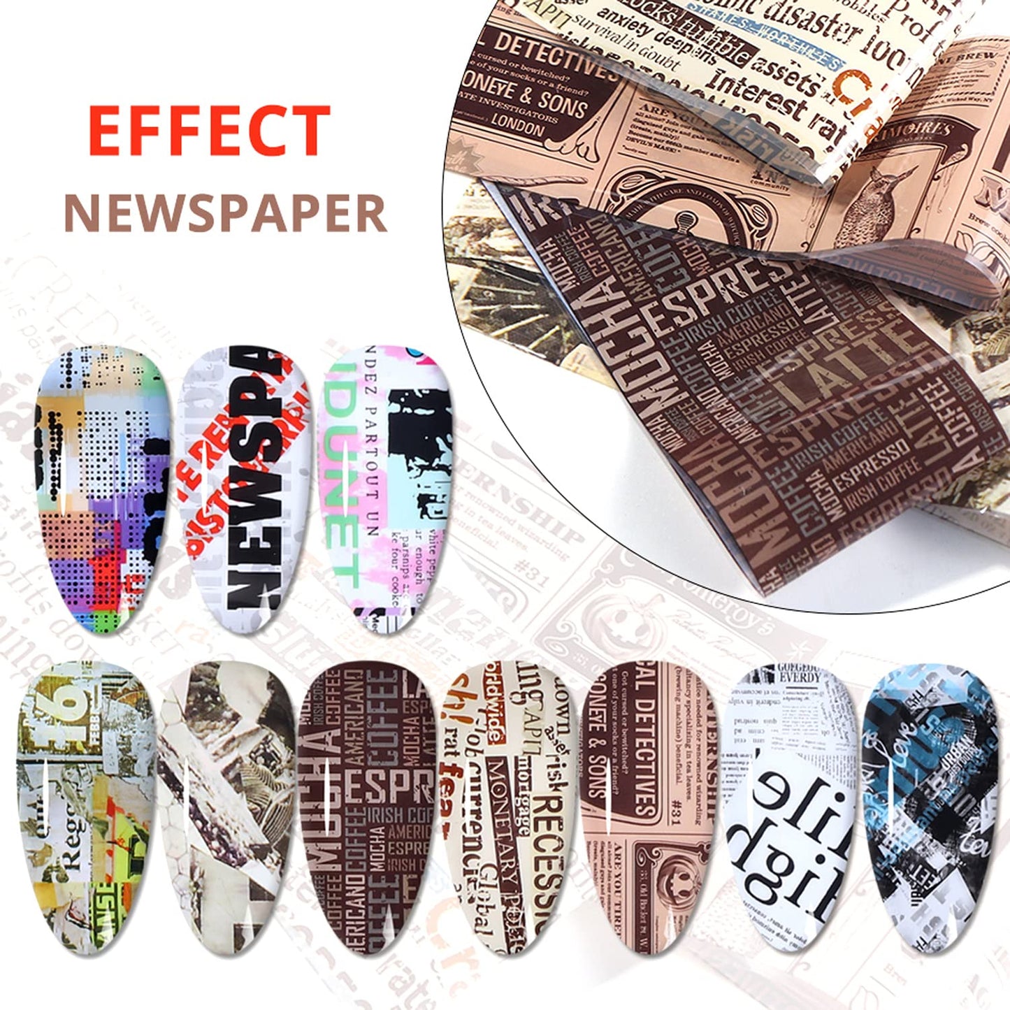 Newspaper Nail Foil Transfer Stickers English Letter Designs Nail Decals Supplies Set Acrylic Nails Sticker Decorations for Nail Transfer Glue Polish, Women DIY Manicure Accessories Set 10Sheets