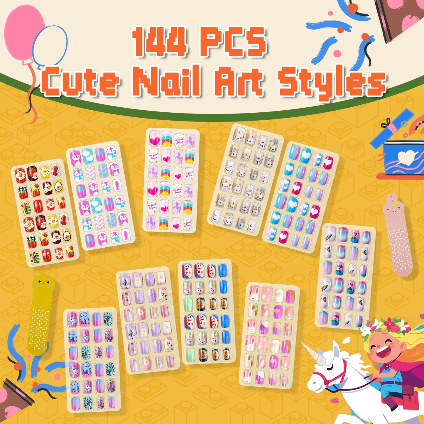 240PCS Kids Press on Nails with Glue Cute Pre glue False Nails for Children Girls Long lasting Quick Stick on Full Cover Acrylic Nail Kit for Girls Kids Gift DIY Nail Art Decor (Candy Unicorn)