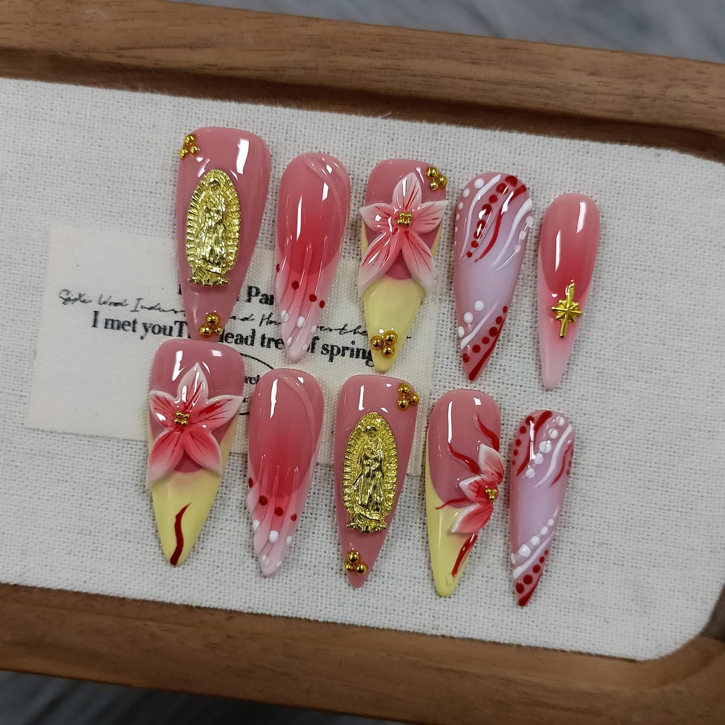 TENPAL Handmade Press on Nails Long Stiletto - Vivid Red 3D Floral Blush Ombre Hand Painted Design Fake Nails for Women Girls- Glossy French Tips Stick on Nails for Gifts(L)