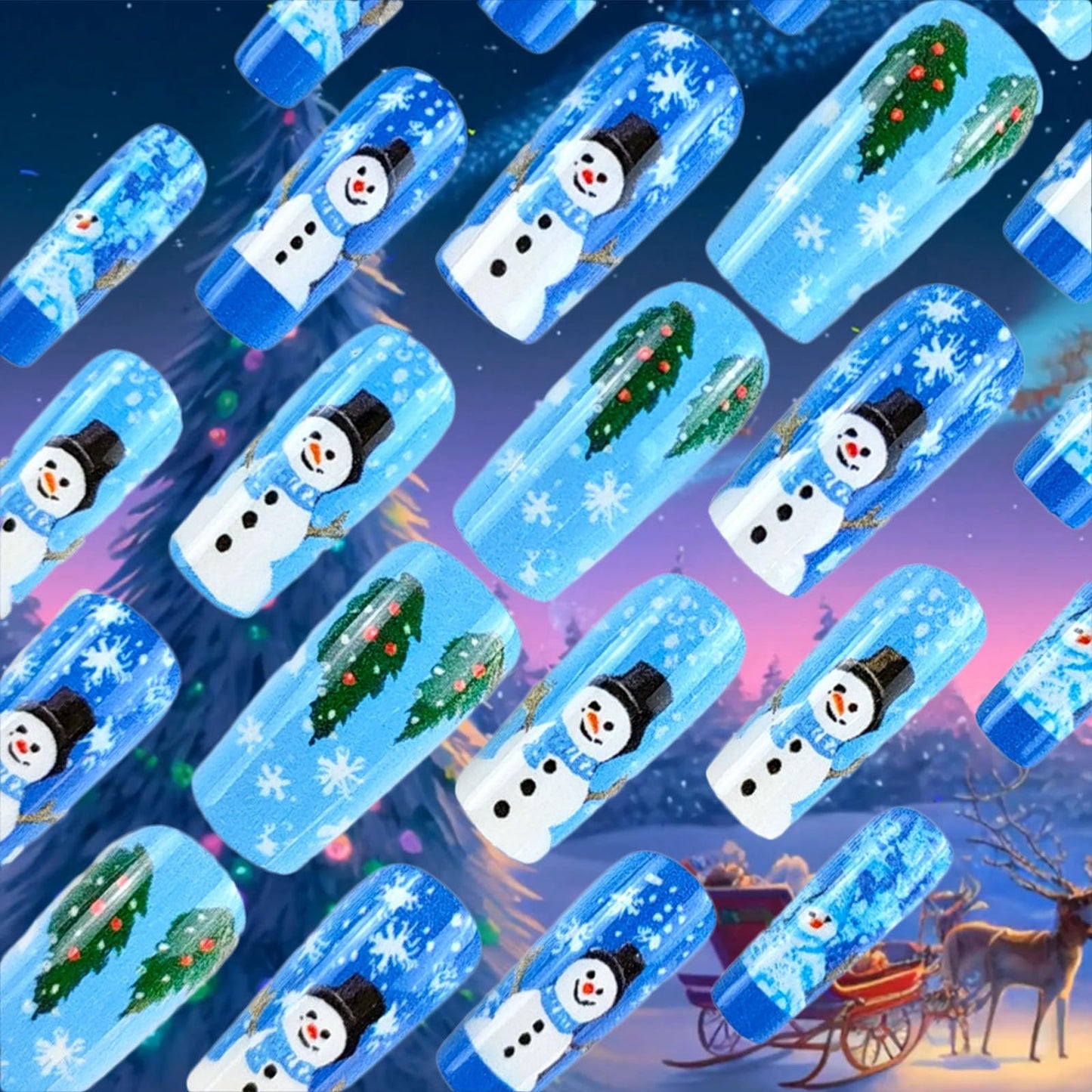 24Pcs Snowflake Press on Nails Glossy Green Xmas Tree Acrylic Fake Nail Snowman Gel Glue on Nail Snow Stick on Fingernails Christmas Medium Square False Nails for Women Gift