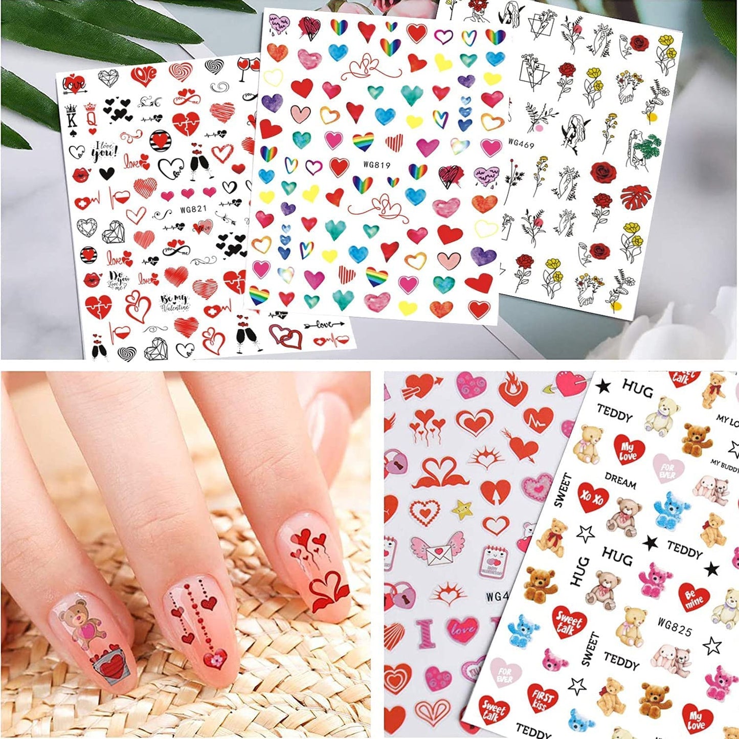 8 Sheets Valentine's Day Nail Art Stickers with 8 Sheets Heart Nail Art Stickers