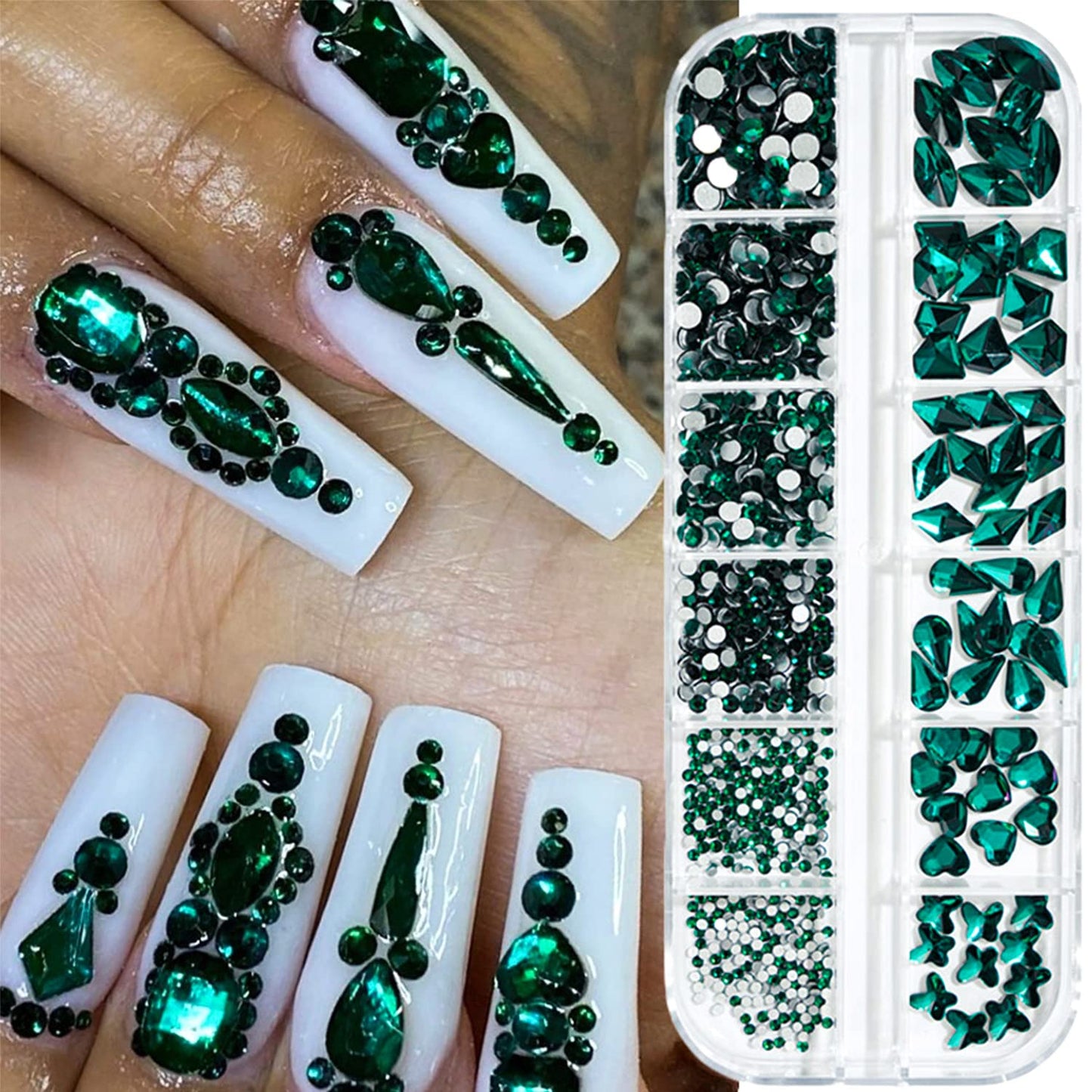 JERCLITY 1620pcs Flat Back Green Nail Rhinestones Red Nail Rhinestones Round Beads Crystals Glass Gems Stones Multi Shapes Sizes with Picking Pen for Crafts Nail Face Art Clothes Shoes Bags DIY