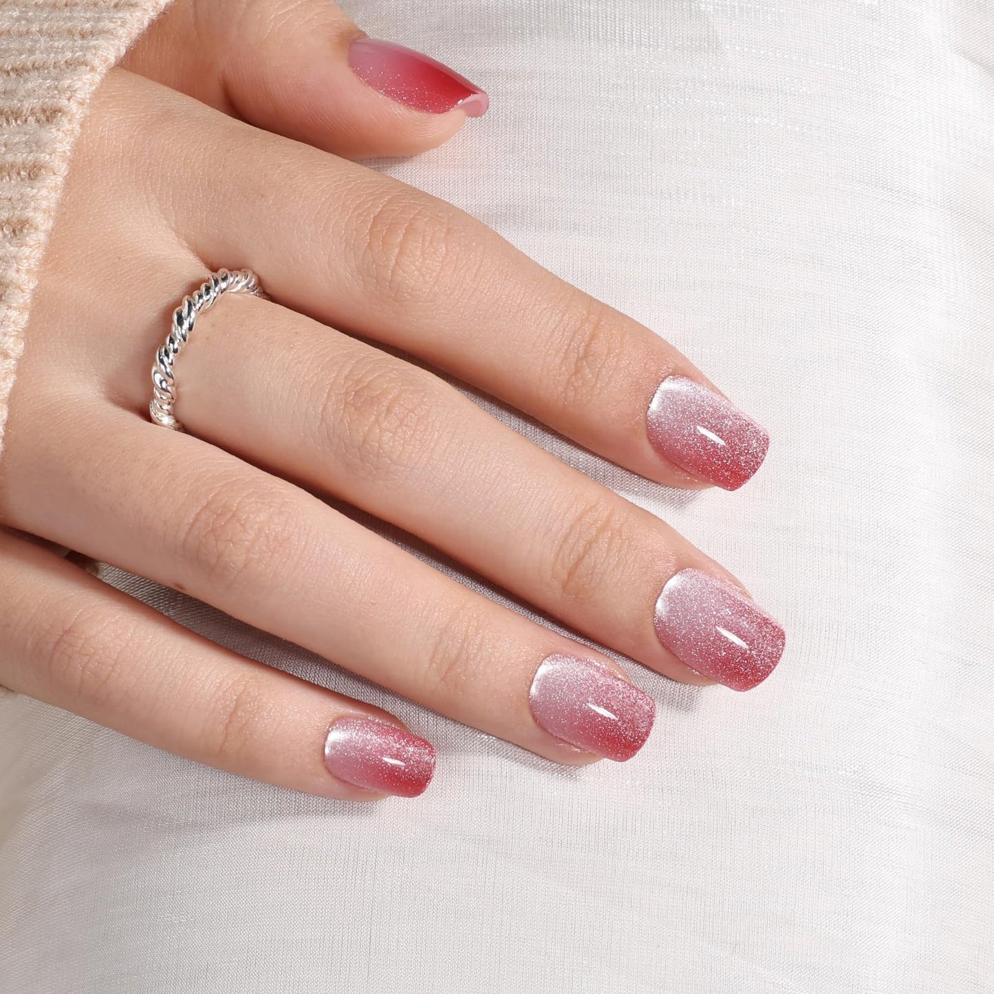 Pink Cat Eye Press On Nails - Short Square Ombre Press On Nails Press Ons for Women Pink Fake Nails with Glue, Glossy Reusable Glue on Nail in 15 Sizes - 30pcs